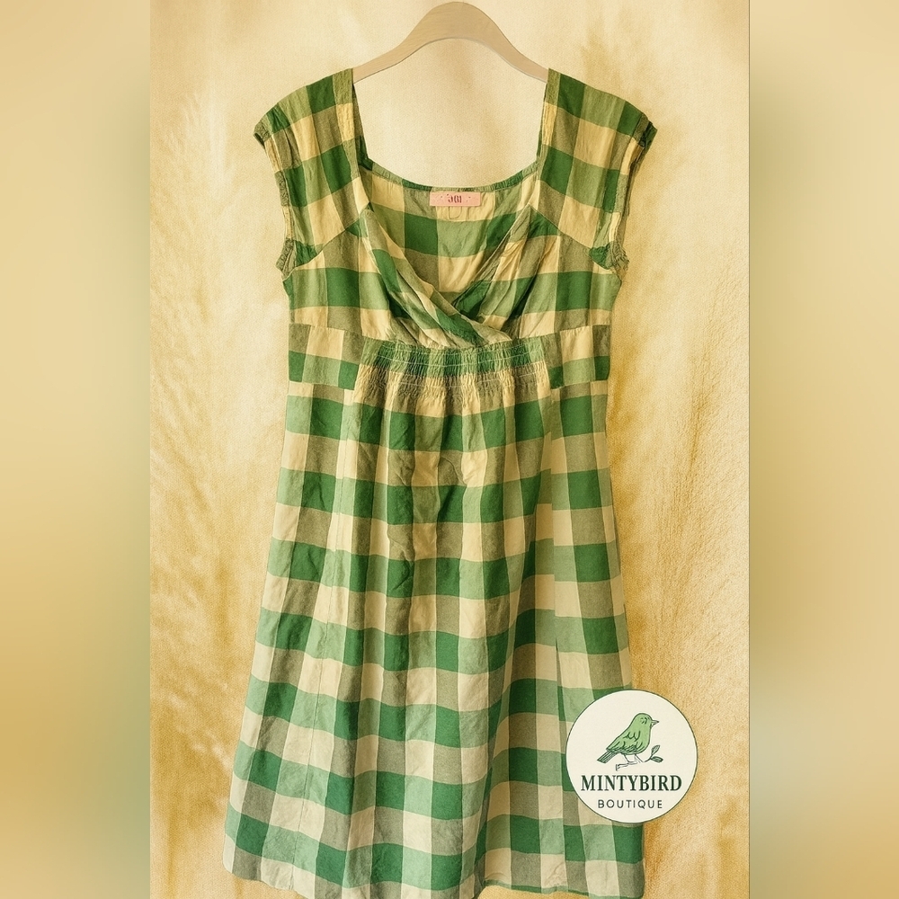 Tibi New York Garden Picnic Plaid Green Empire Cotton Silk Dress Sz 6 - Picture 2 of 6